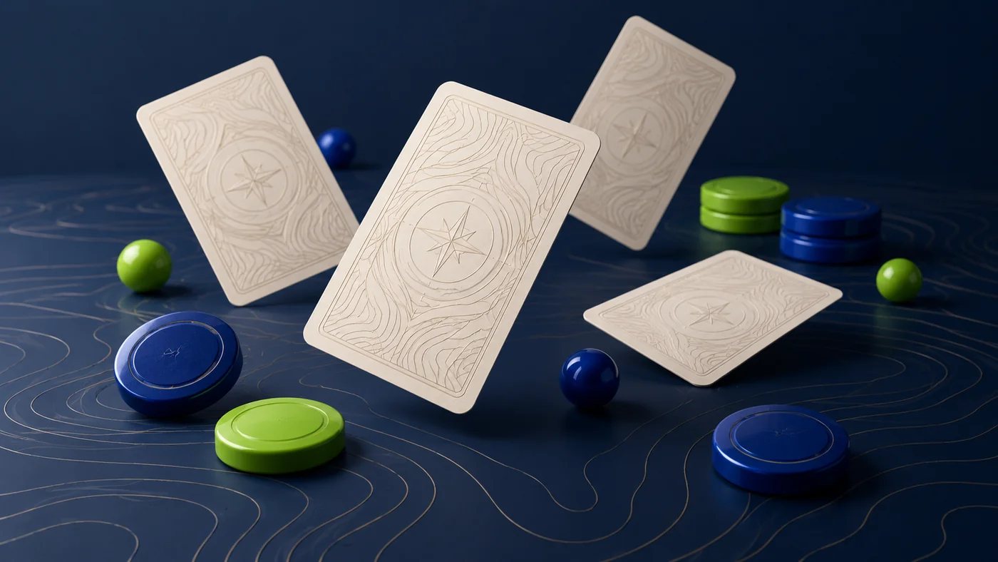 Ivory card backs and lime game tokens on an atlas-inspired navy surface